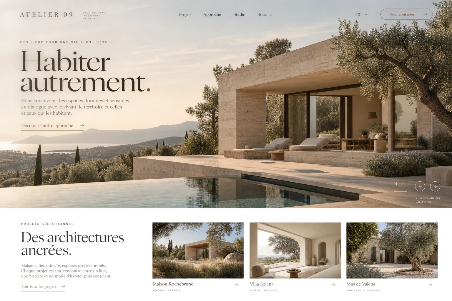Concept de site d’architecture, villa contemporaine et mise en page éditoriale